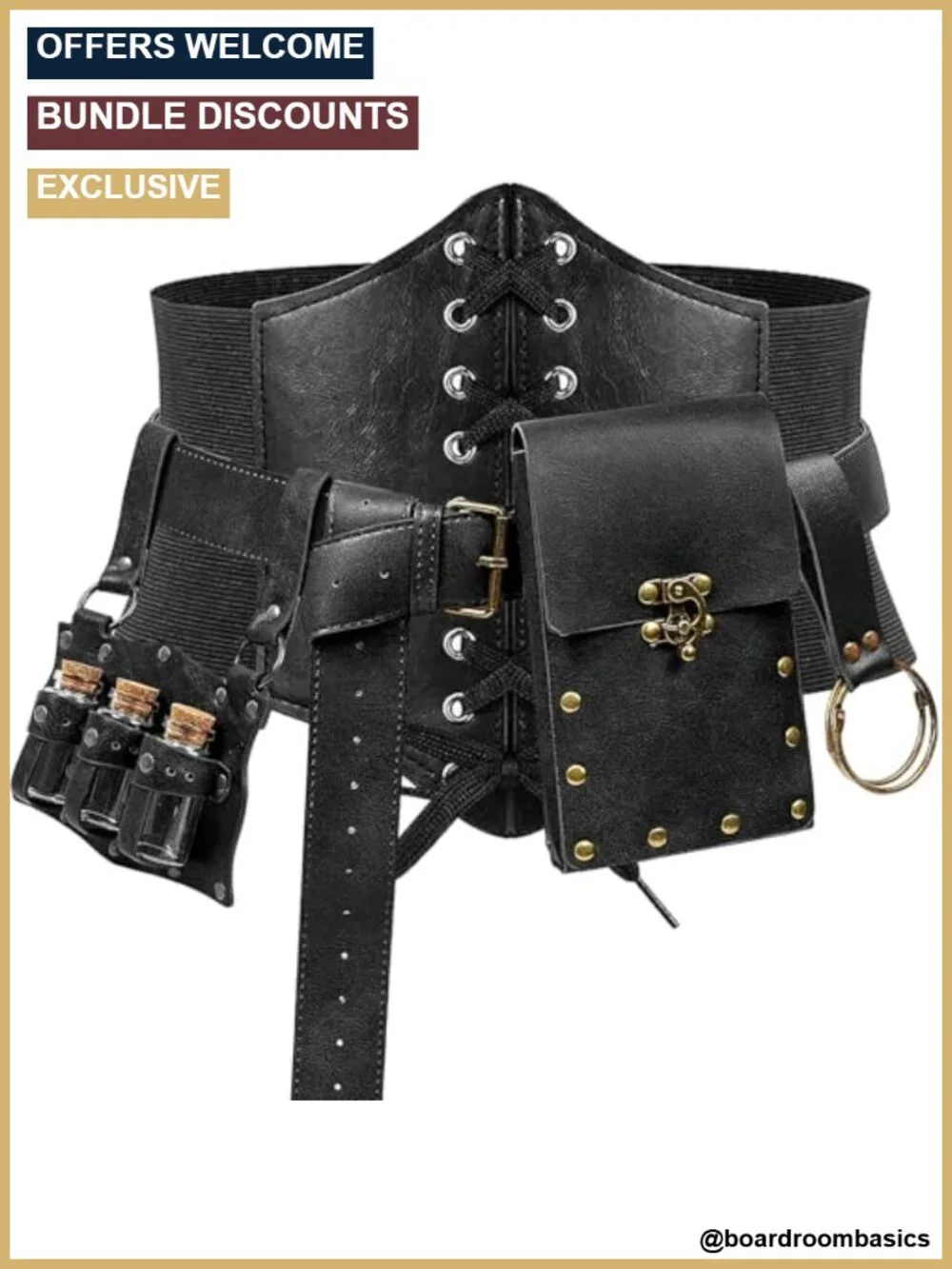 5Pc Renaissance Corset Belt Kit Medieval Dice Pouch Potion Bottle PU Leather